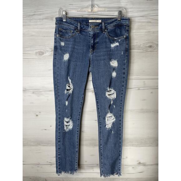 Levis 711 Skinny Jeans Womens 28 Blue Distressed Ripped Raw Hem Stretch Denim - Picture 1 of 15